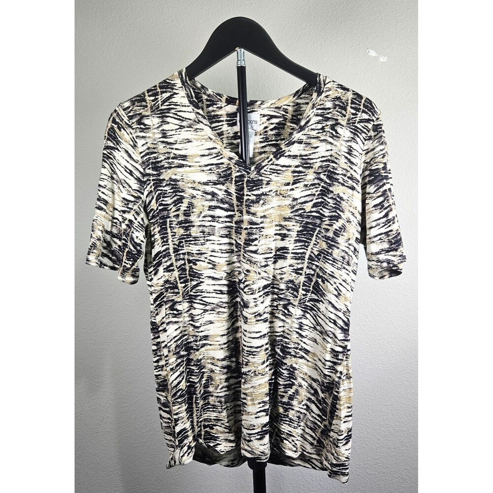 Chico's Size 1 Medium V Neck Animal Print Top Eclectic Boho Short‎ Sleeve